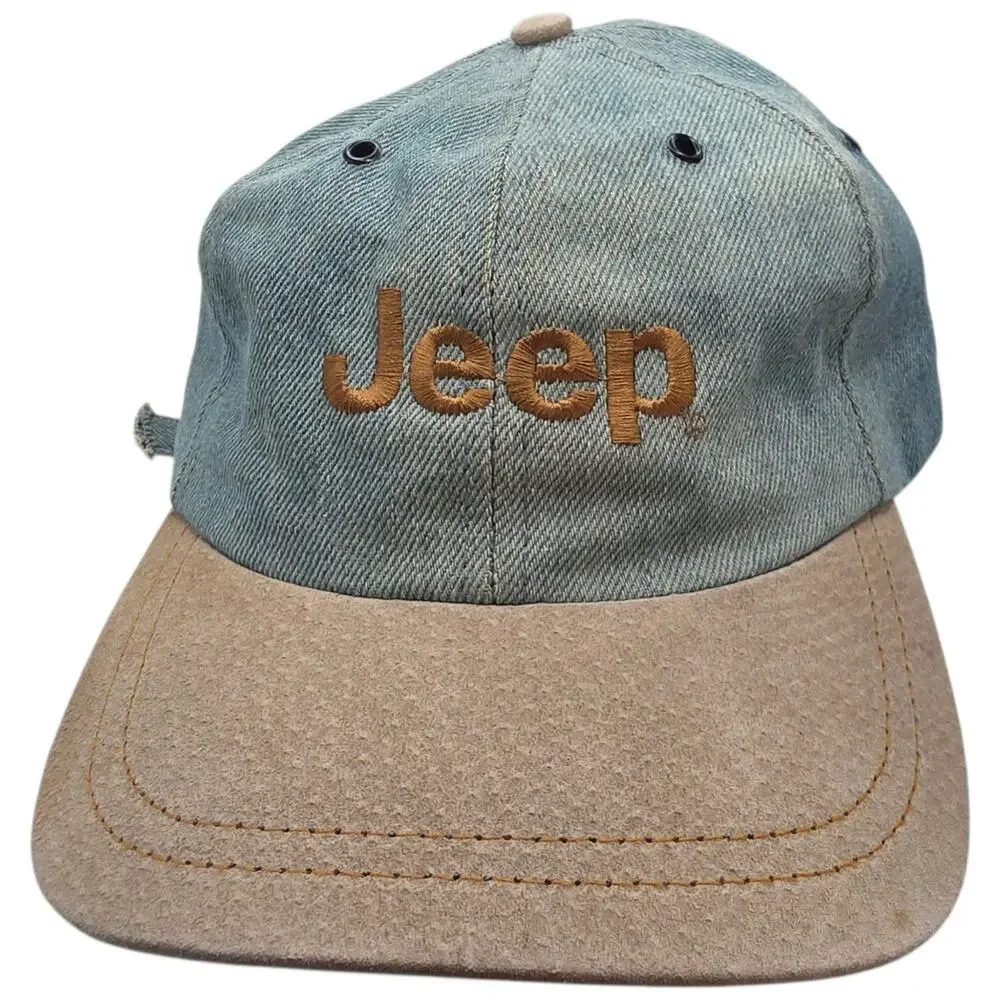 Vintage Jeep Denim Strapback Hat Cap USA Made Leather Suede Brim 90s